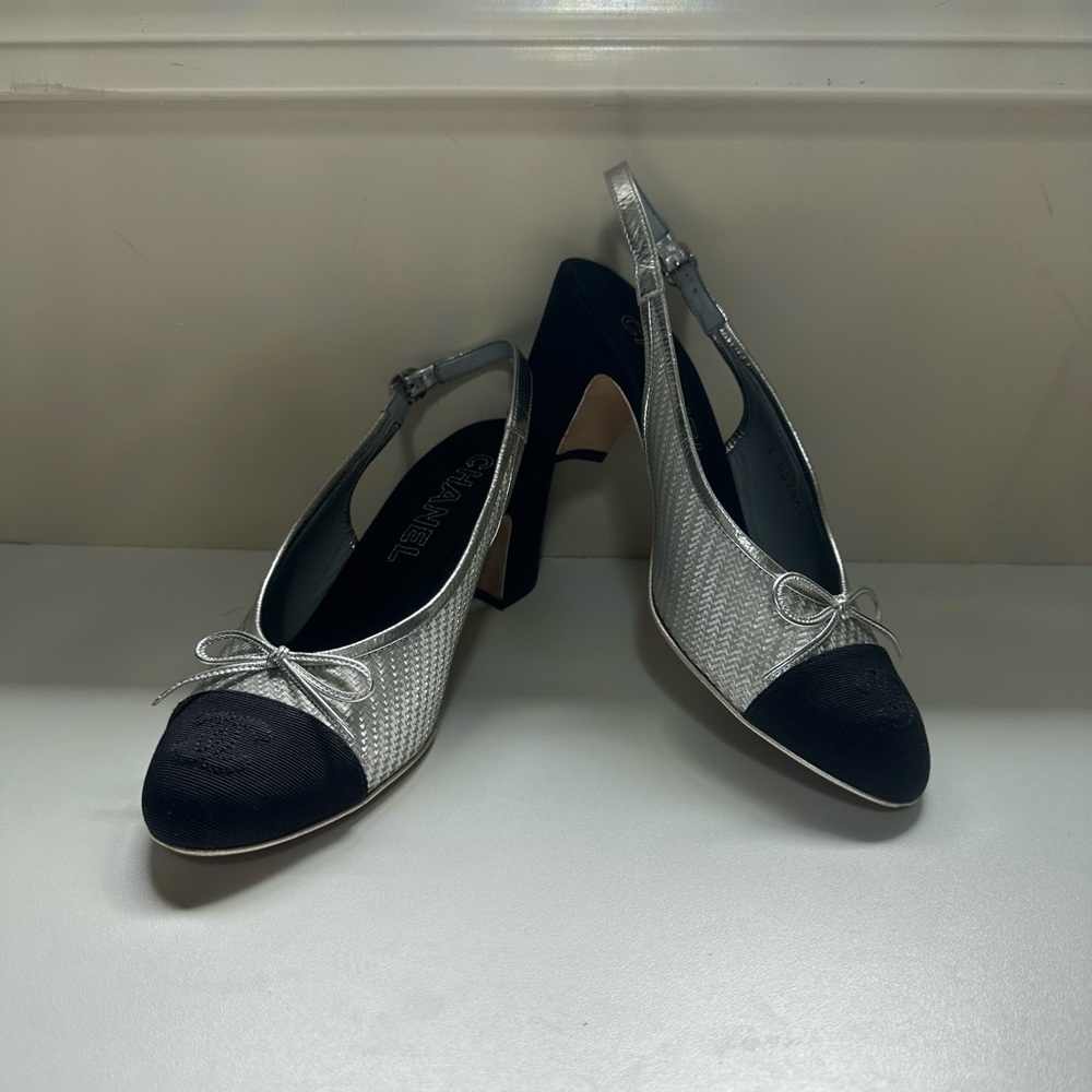 CHANEL Black and Silver Bow Slingback Heels